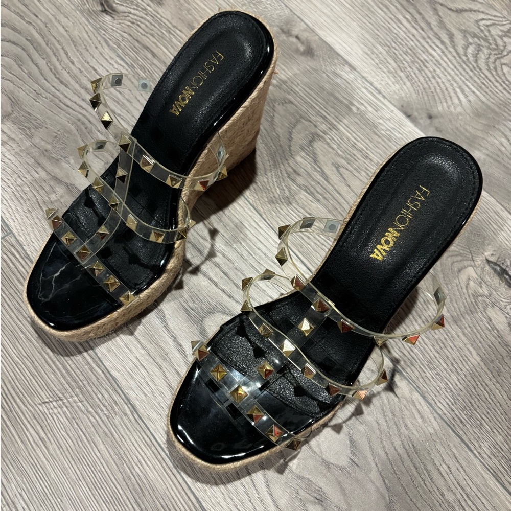 Fashion Nova Black and Gold Studded Wedges